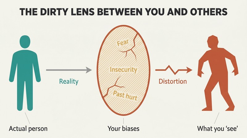 Horizontal flow showing a calm figure on the left passing through a cracked, bias-filled lens in the center to produce a distorted threatening silhouette on the right.