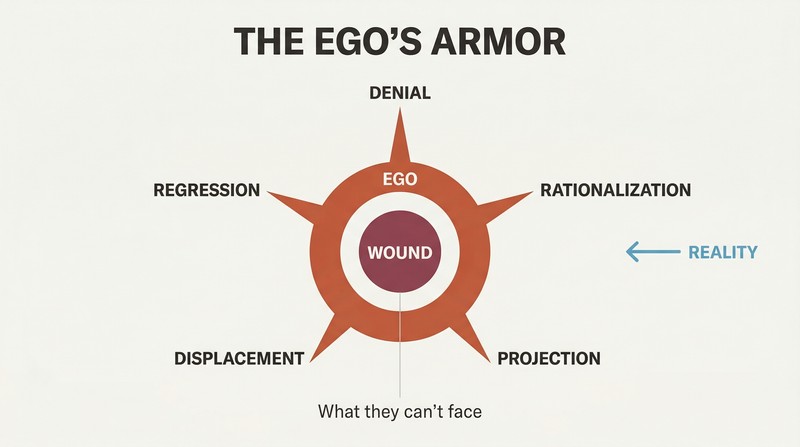 Concentric circle diagram with a vulnerable wound at center surrounded by an ego shield ring, with five defensive spines radiating outward labeled as denial, rationalization, projection, displacement, and regression.