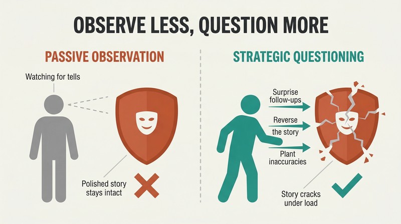 Split panel contrasting a passive observer facing an intact shield with a strategic questioner whose probing questions crack the same shield apart.