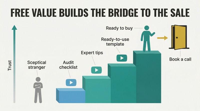 Ascending three-step staircase showing how sequential free value videos raise prospect trust from cold skepticism to ready-to-buy confidence.