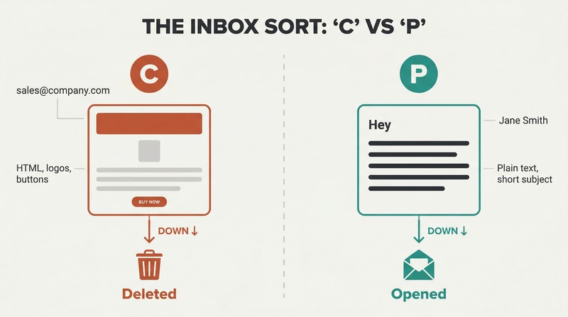 Split panel comparing a commercial-looking email marked C heading to a trash icon against a personal-looking plain email marked P with an open-envelope icon.