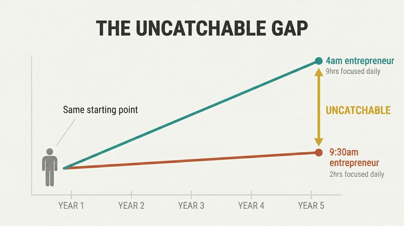 Two diverging trajectory lines over five years show how a disciplined daily routine compounds into a massive, uncatchable advantage over a casual one.