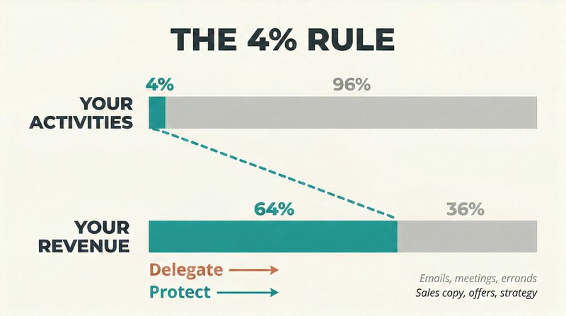 Two proportional bars comparing activities and revenue, showing how 4% of activities generates 64% of revenue while 96% generates only 36%.