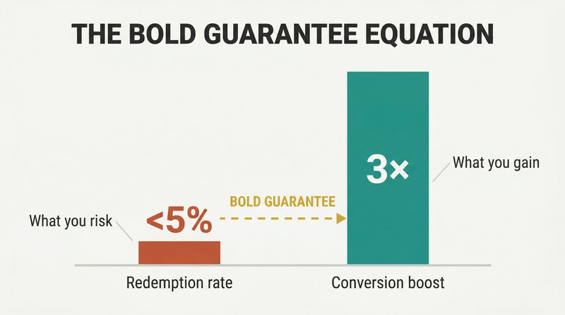 Two proportional bars comparing the tiny cost of guarantee redemptions under five percent against the massive reward of tripled conversion rates.