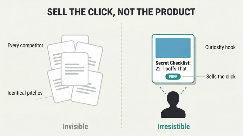 Split panel contrasting a cluster of identical gray ad cards that blend together against one distinct teal ad card that stands out with a curiosity-driven headline.