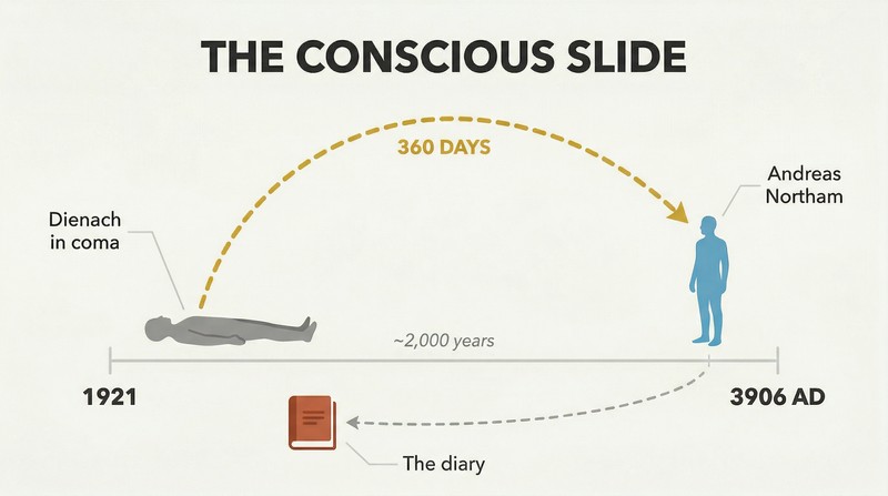 Timeline spanning from 1921 to 3906 AD with a sweeping arc connecting two human silhouettes, showing a consciousness leap across two millennia recorded in a diary.