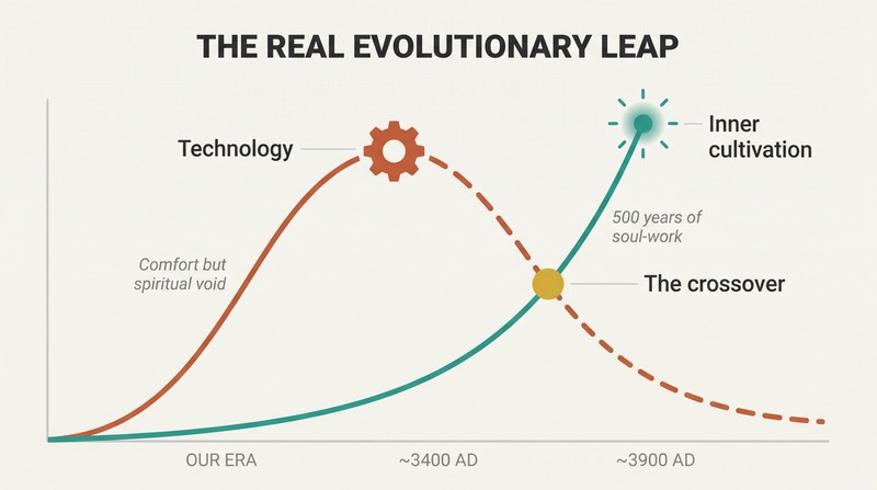Two trajectory lines crossing over time, with technology peaking then declining while inner cultivation rises steadily to surpass it.