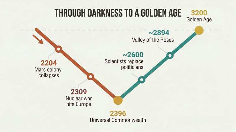 Valley-shaped timeline descending through catastrophes like nuclear war and colony collapse, then ascending through global unity to a golden age by 3200 AD.