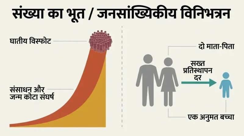 A comparative split-panel diagram contrasting a chaotic, soaring exponential population curve on the left with a highly structured, balanced two-parent to one-child replacement model on the right.