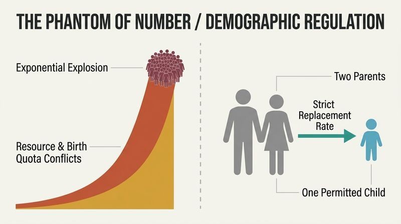 A comparative split-panel diagram contrasting a chaotic, soaring exponential population curve on the left with a highly structured, balanced two-parent to one-child replacement model on the right.