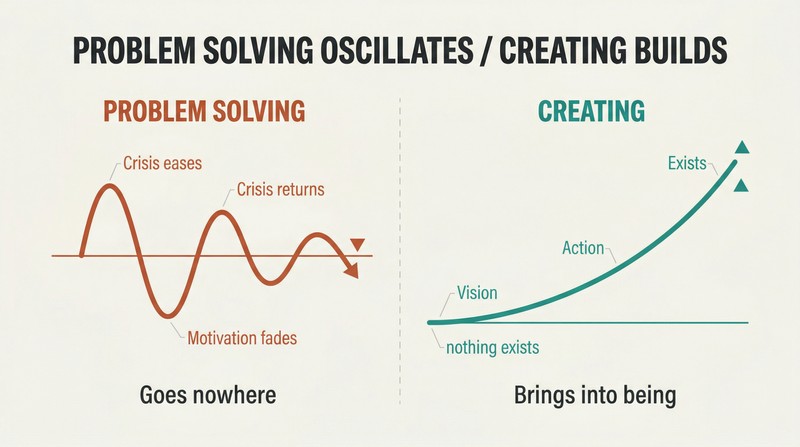 Split comparison showing problem solving as a flat oscillating wave versus creating as a steadily ascending curve over time.