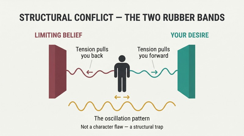 A figure connected by two stretched rubber bands to opposing walls labeled desire and belief, with an oscillation wave showing the trapped back-and-forth pattern.