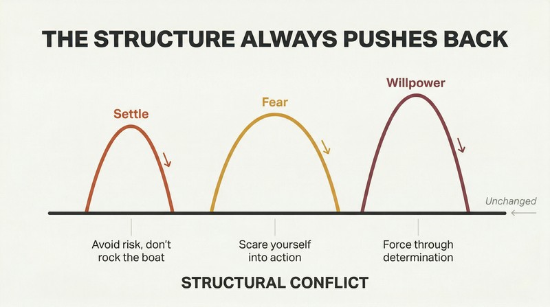 Three arc-shaped curves each rise above a flat baseline and return to it, showing how tolerable conflict, conflict manipulation, and willpower all snap back to structural conflict.
