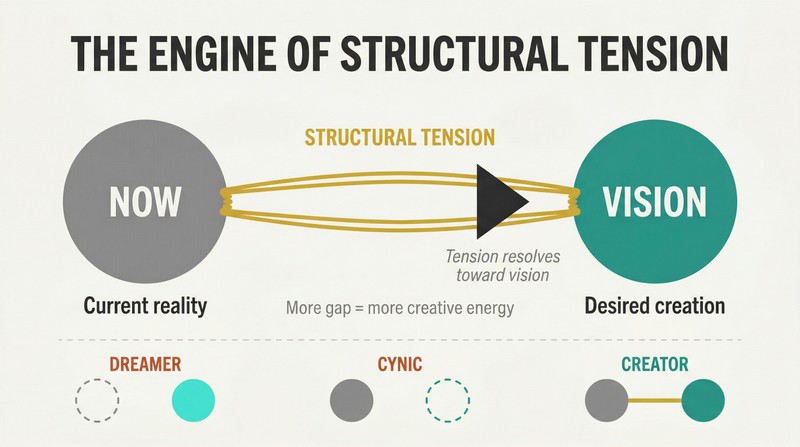 Stretched rubber band between current reality and vision creates tension that pulls toward the vision, with three modes shown below: dreamer, cynic, and creator.