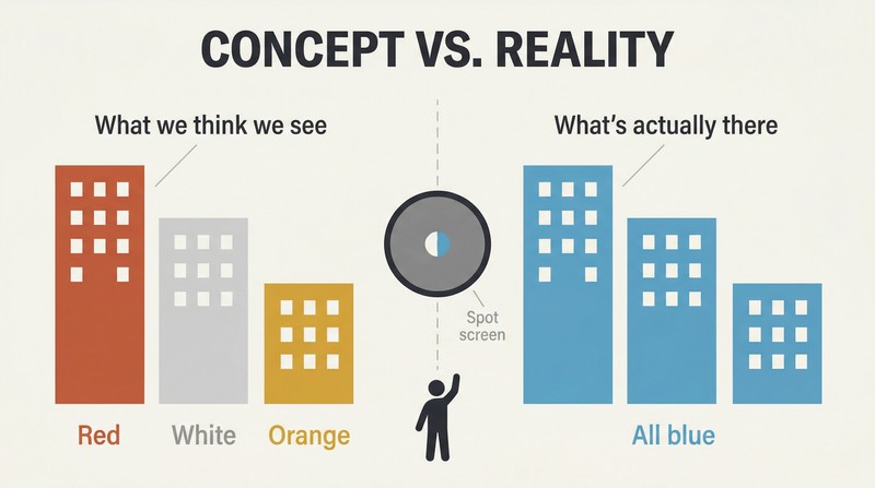 Split panel comparing three buildings perceived as red, white, and orange on the left versus the same three buildings revealed as blue on the right, separated by a spot screen device.