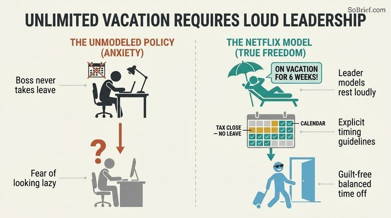 Split panel diagram demonstrating that untracked vacation fails without leaders modeling long, loud holidays and setting clear context.