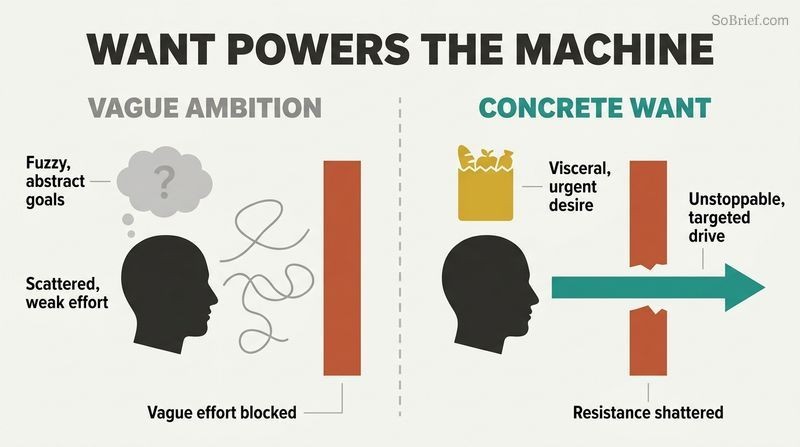 Split-panel diagram showing how vague ambition results in weak, scattered effort blocked by resistance, while a concrete, highly specific goal produces a laser-focused drive that smashes through customer objections.