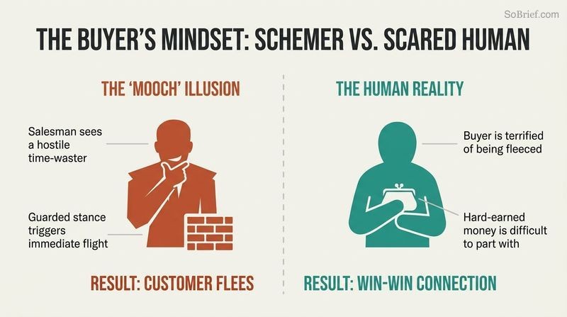 Split-panel diagram contrasting a salesman's false projection of a scheming buyer with the reality of a vulnerable, anxious buyer.