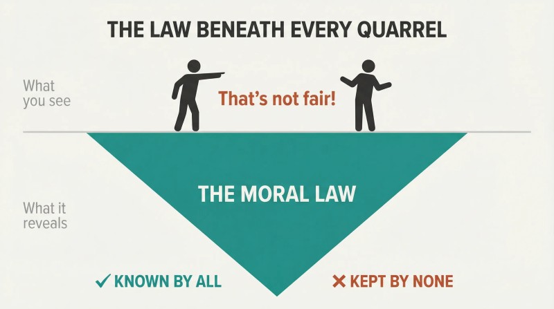 Two quarreling figures above a waterline, with a large iceberg below representing the Moral Law everyone knows but nobody keeps.