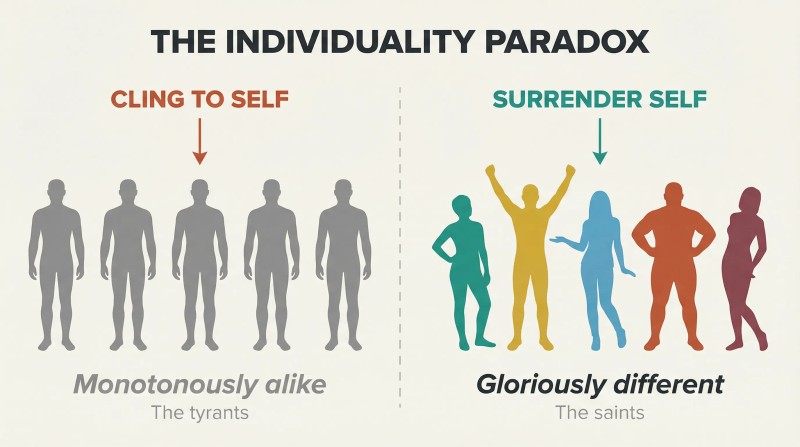 Split panel contrasting five identical gray silhouettes under "cling to self" with five colorful distinct figures under "surrender self," revealing that surrender creates individuality.