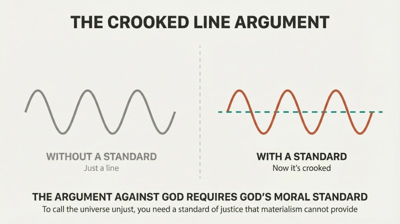 Two panels compare a wavy line alone versus overlaid on a straight reference, showing that recognizing crookedness requires a standard.