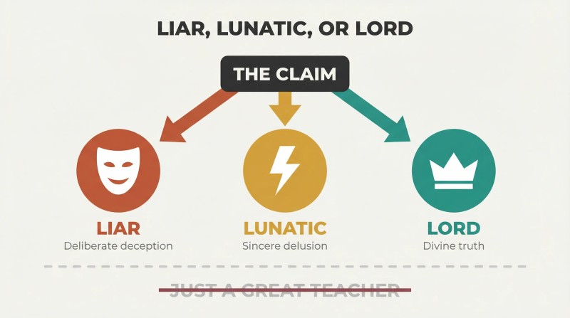 Three paths fork from a central claim into liar, lunatic, or lord, with "great teacher" struck through below as illogical.