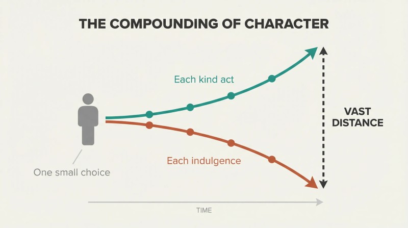 Two curves diverge exponentially from a single figure, showing how small moral choices compound into vast character differences over time.