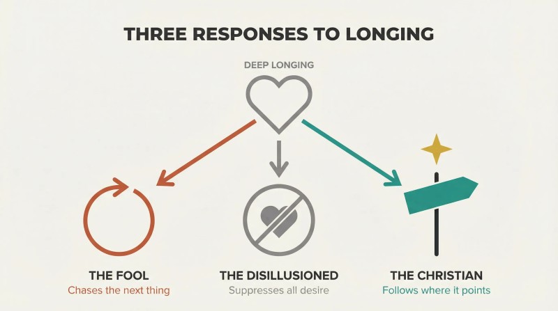 Three-way fork from a hollow heart showing the fool's endless loop, the cynic's suppressed desire, and the Christian's upward-pointing signpost with a gold star above.