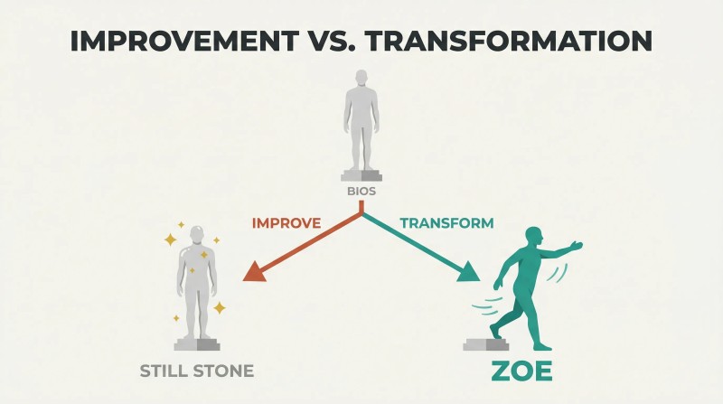 Fork from a gray stone statue splitting into two paths: a polished but still-stone statue on the left versus a dynamic teal living figure stepping off its pedestal on the right.