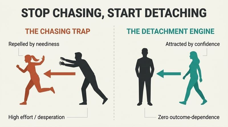 Split-panel diagram showing how high-effort chasing repels others while relaxed detachment naturally attracts them.