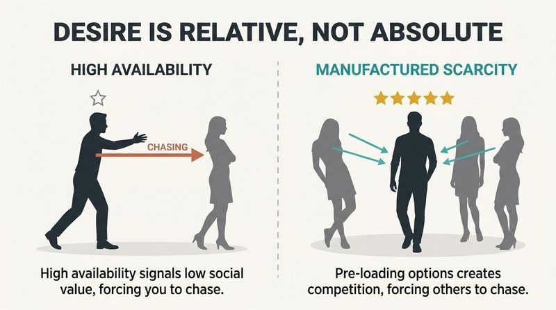 Split-panel diagram contrasting high availability, which lowers perceived value, with manufactured scarcity, which dramatically increases social value and attraction.