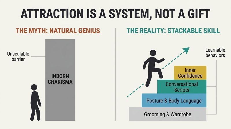 Split panel comparison contrasting the myth of unchangeable natural charisma with the reality of attraction as a stack of learnable behaviors.