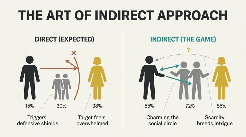 Split panel diagram contrasting a direct approach which triggers a group's defensive wall, with an indirect approach where charming the friends first sparks the target's curiosity.