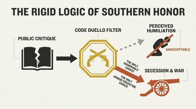 A horizontal fork diagram showing how the Southern Code Duello processed public insults into an inevitable choice of war over perceived humiliation.