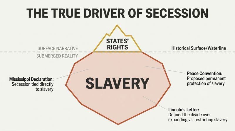 Iceberg diagram showing the surface myth of states' rights contrasted with the massive submerged reality of slavery, anchored by historical records.