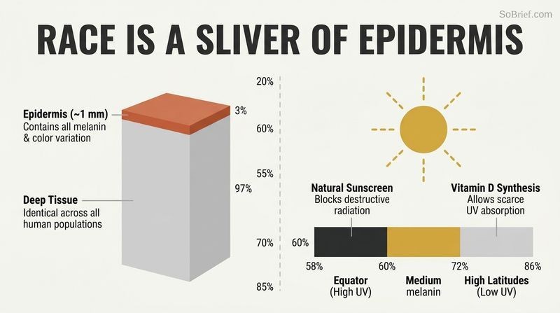 Split-panel diagram showing the microscopic thickness of the human epidermis alongside the global latitude balance between sunscreen and Vitamin D.