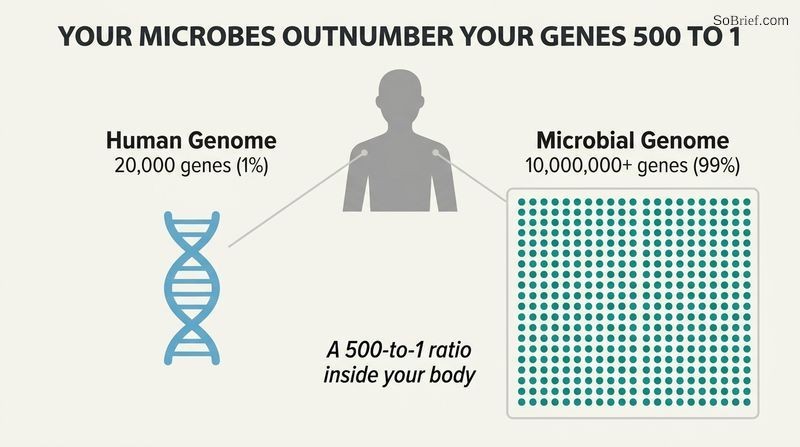 Proportion diagram comparing 1 human gene represented by a single DNA strand to 500 microbial genes represented by a massive grid of teal dots.