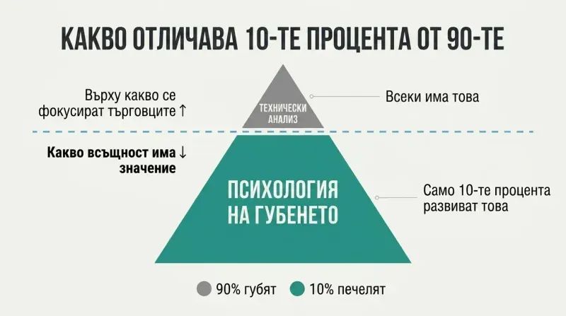 Iceberg diagram showing technical analysis as a small visible tip above water, with the much larger submerged mass representing psychology of losing as the true trading edge.