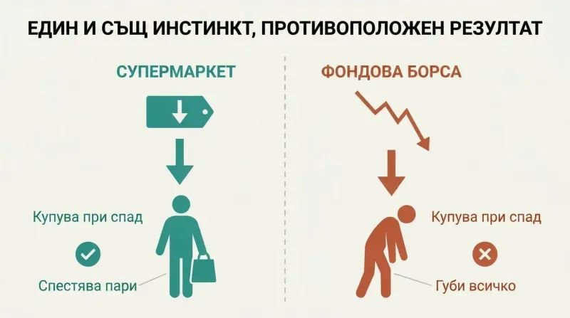 Split panel comparing a shopper saving money on a falling supermarket price with a trader losing everything on a falling stock price.