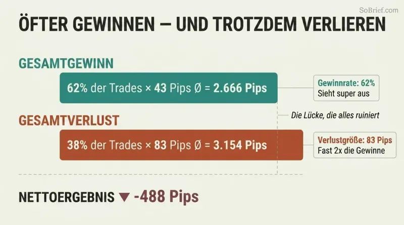Two horizontal bars compare total pips gained versus lost, showing how small frequent wins are outweighed by fewer but larger losses, resulting in a net loss.