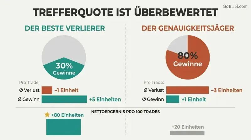 Split-panel comparison showing a 30% win-rate trader netting far more profit than an 80% win-rate trader due to superior payoff ratios.