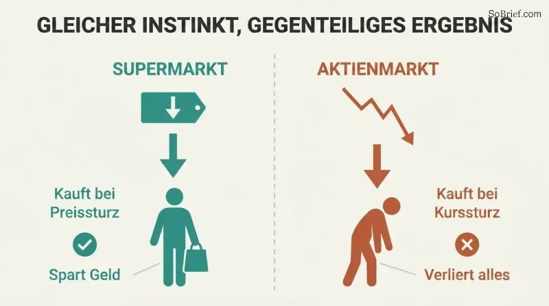 Split panel comparing a shopper saving money on a falling supermarket price with a trader losing everything on a falling stock price.
