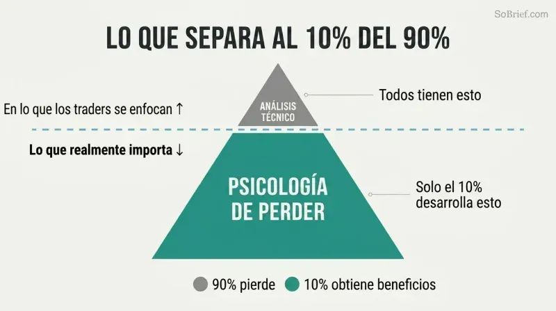 Iceberg diagram showing technical analysis as a small visible tip above water, with the much larger submerged mass representing psychology of losing as the true trading edge.