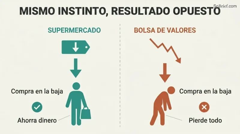 Split panel comparing a shopper saving money on a falling supermarket price with a trader losing everything on a falling stock price.