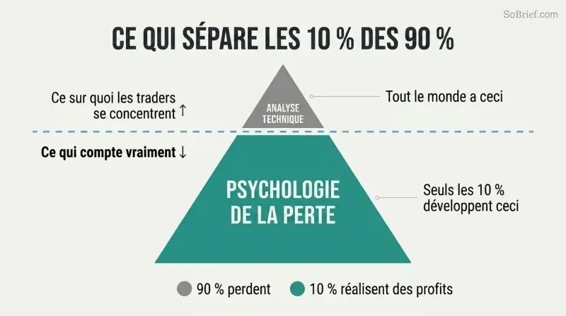 Iceberg diagram showing technical analysis as a small visible tip above water, with the much larger submerged mass representing psychology of losing as the true trading edge.
