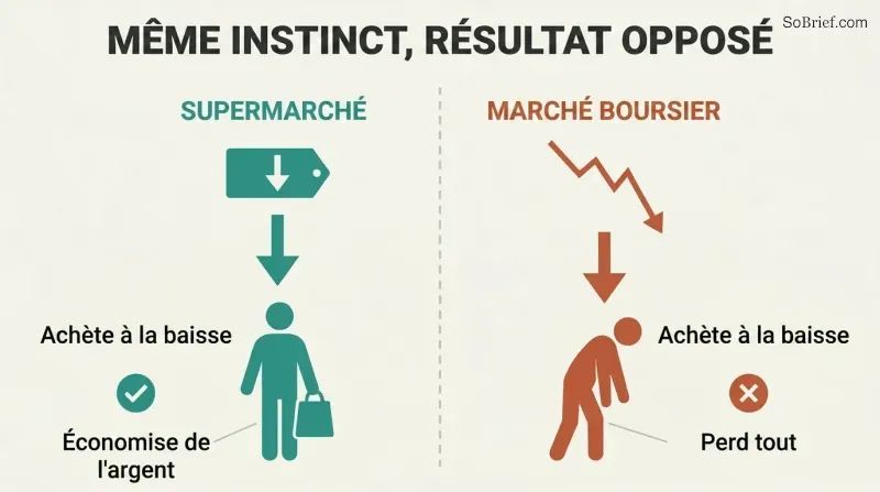 Split panel comparing a shopper saving money on a falling supermarket price with a trader losing everything on a falling stock price.