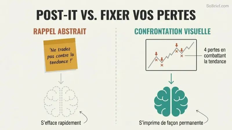 Split panel comparing a Post-it note mantra producing weak neural impact against a chart of plotted losing trades producing deep lasting behavioral change.