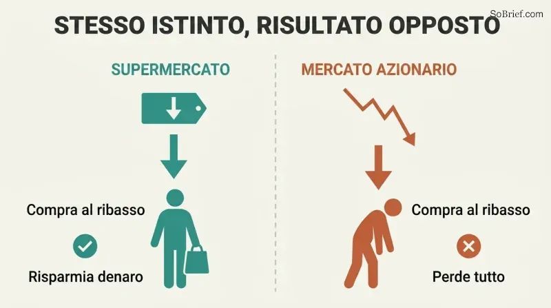 Split panel comparing a shopper saving money on a falling supermarket price with a trader losing everything on a falling stock price.