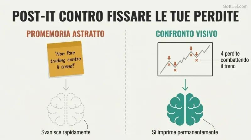 Split panel comparing a Post-it note mantra producing weak neural impact against a chart of plotted losing trades producing deep lasting behavioral change.