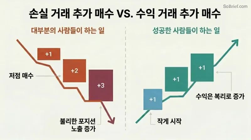 Split panel comparing stacked position blocks along a declining price line on the left versus stacked position blocks along a rising price line on the right.